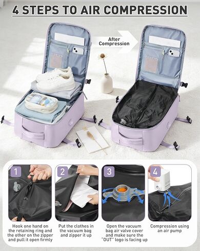 حقيبة ظهر WONHOX بختم فراغ للسفر مع مضخة هواء مضغوطة، حقيبة نهارية تحمل على متن الطائرة، معتمدة من Vacpack، حقائب كمبيوتر محمول موفرة للمساحة، تخزين مع نظام فراغ، حقيبة سفر للنساء والرجال باللون الأرجواني in Kuwait