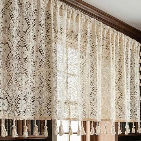 Molaxhome Bohemian Crochet Curtains Vintage Rod Pocket Curtains with Tassels Window Treatment for Living Room Farmhouse Bedroom Decoration beigecircle150x45 in Kuwait