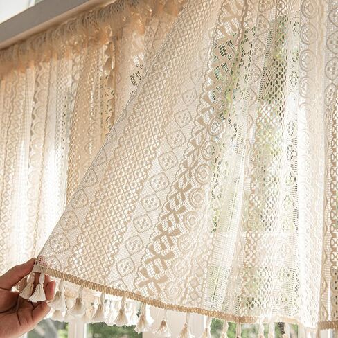 Molaxhome Bohemian Crochet Curtains Vintage Rod Pocket Curtains with Tassels Window Treatment for Living Room Farmhouse Bedroom Decoration beigecircle150x45 in Saudi Arabia