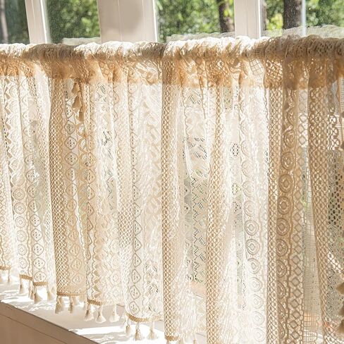 Molaxhome Bohemian Crochet Curtains Vintage Rod Pocket Curtains with Tassels Window Treatment for Living Room Farmhouse Bedroom Decoration beigecircle150x45 in Saudi Arabia