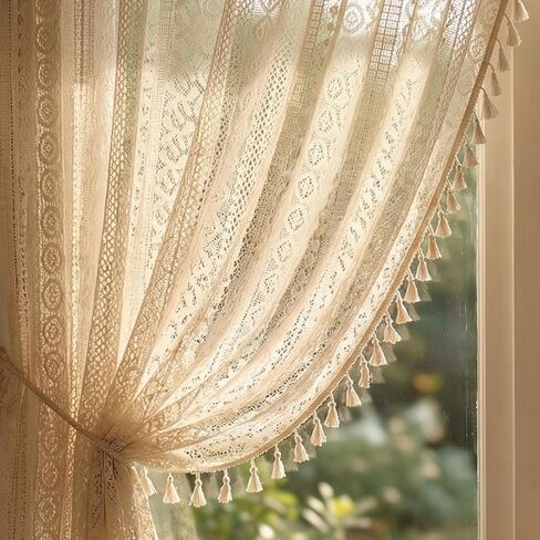 Molaxhome Bohemian Crochet Curtains Vintage Rod Pocket Curtains with Tassels Window Treatment for Living Room Farmhouse Bedroom Decoration beigecircle150x45 in Saudi Arabia