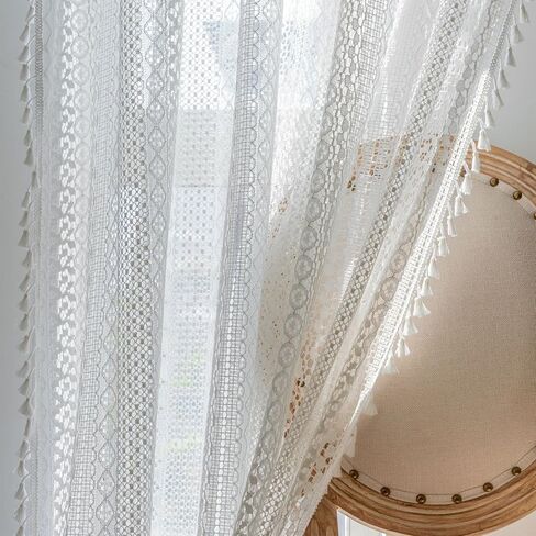 Molaxhome Bohemian Crochet Curtains Vintage Rod Pocket Curtains with Tassels Window Treatment for Living Room Farmhouse Bedroom Decoration beigecircle150x45 in Saudi Arabia