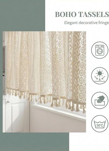 Molaxhome Bohemian Crochet Curtains Vintage Rod Pocket Curtains with Tassels Window Treatment for Living Room Farmhouse Bedroom Decoration beigecircle150x45 in Saudi Arabia