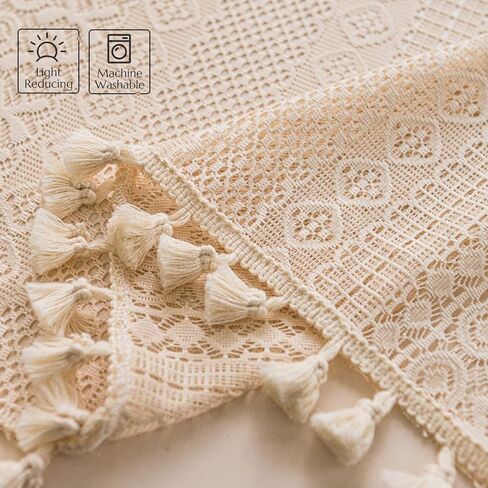 Molaxhome Bohemian Crochet Curtains Vintage Rod Pocket Curtains with Tassels Window Treatment for Living Room Farmhouse Bedroom Decoration beigecircle150x45 in Saudi Arabia