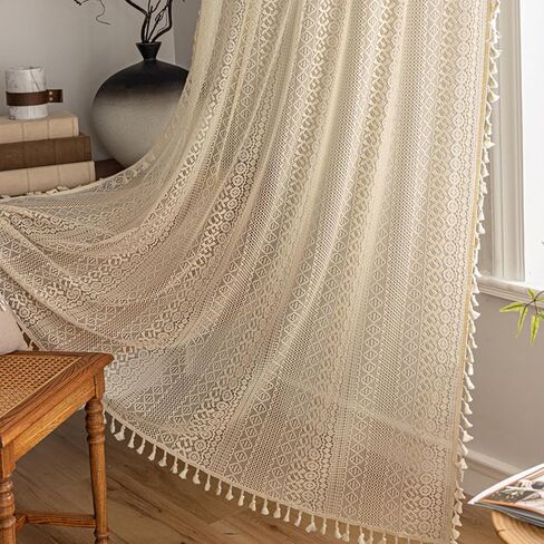 Molaxhome Bohemian Crochet Curtains Vintage Rod Pocket Curtains with Tassels Window Treatment for Living Room Farmhouse Bedroom Decoration beigecircle150x45 in Saudi Arabia