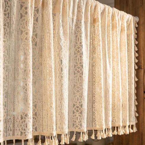 Molaxhome Bohemian Crochet Curtains Vintage Rod Pocket Curtains with Tassels Window Treatment for Living Room Farmhouse Bedroom Decoration beigecircle150x45 in Saudi Arabia
