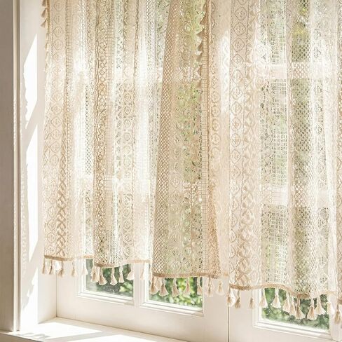 Molaxhome Bohemian Crochet Curtains Vintage Rod Pocket Curtains with Tassels Window Treatment for Living Room Farmhouse Bedroom Decoration beigecircle150x45 in Saudi Arabia