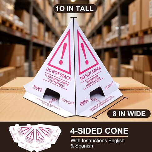 60 PCS "Do Not Stack" Pallet Cones for Safe Shipping Pallets | Reusable,Bilingual,Water-Resistant,Pink & White | Warehouse, Goods, Box & Carton Protection | 8"W x 8"L x 10"H in Saudi Arabia