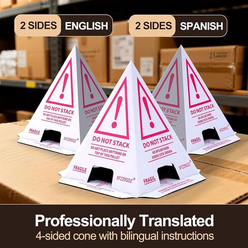 60 PCS "Do Not Stack" Pallet Cones for Safe Shipping Pallets | Reusable,Bilingual,Water-Resistant,Pink & White | Warehouse, Goods, Box & Carton Protection | 8"W x 8"L x 10"H in Saudi Arabia