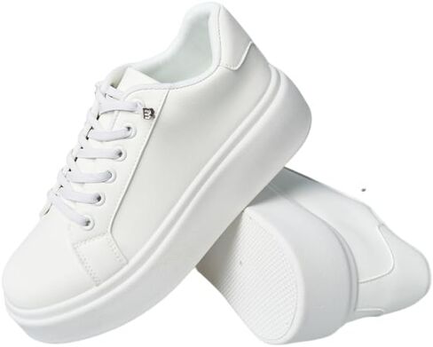 حذاء أبيض عصري وبسيط للنساء، حذاء كاجوال بنعل سميك وأربطة، مريح ومتعدد الاستخدامات، ضروري للسفر اليومي in Kuwait