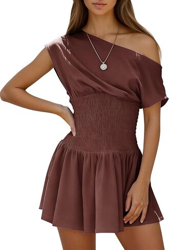 Women's One Shoulder Mini Dress Off Shoulder Boho Slouchy Smocked Waist Ruffle Hem with Pockets Summer Beach Sundress in Kuwait