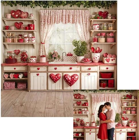 Kate 7x5ft Happy Valentine's Day Wedding Lover Photography Backdrops Kitchen White Wall Red Sweetheart Patterns Tableware Decoration Kitchen Baby Children Photo Background in Kuwait