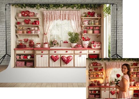 Kate 7x5ft Happy Valentine's Day Wedding Lover Photography Backdrops Kitchen White Wall Red Sweetheart Patterns Tableware Decoration Kitchen Baby Children Photo Background in Saudi Arabia