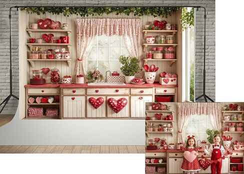 Kate 7x5ft Happy Valentine's Day Wedding Lover Photography Backdrops Kitchen White Wall Red Sweetheart Patterns Tableware Decoration Kitchen Baby Children Photo Background in Saudi Arabia