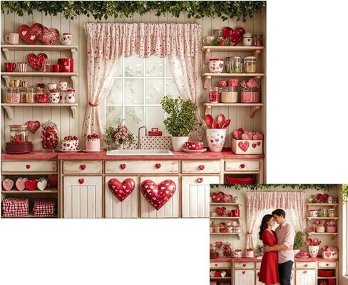 Kate 7x5ft Happy Valentine's Day Wedding Lover Photography Backdrops Kitchen White Wall Red Sweetheart Patterns Tableware Decoration Kitchen Baby Children Photo Background in Saudi Arabia