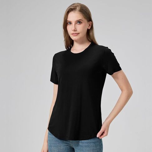 netdraw Women's Soft Bamboo Viscose T-Shirt, Curved Hem Crew Neck Short Sleeve Moisture Wicking Casual Sleep Pajama Tops in Saudi Arabia