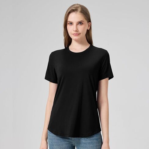 netdraw Women's Soft Bamboo Viscose T-Shirt, Curved Hem Crew Neck Short Sleeve Moisture Wicking Casual Sleep Pajama Tops in Saudi Arabia