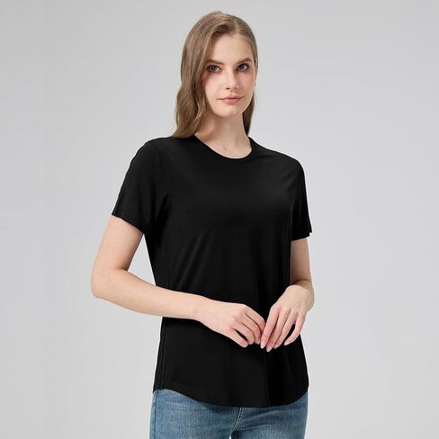 netdraw Women's Soft Bamboo Viscose T-Shirt, Curved Hem Crew Neck Short Sleeve Moisture Wicking Casual Sleep Pajama Tops in Saudi Arabia
