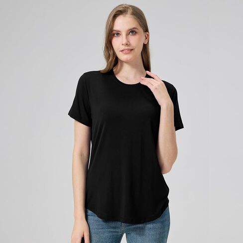 netdraw Women's Soft Bamboo Viscose T-Shirt, Curved Hem Crew Neck Short Sleeve Moisture Wicking Casual Sleep Pajama Tops in Saudi Arabia