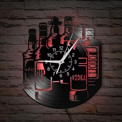 12'' Liquor Decorative Wall Clock 7 Color Changing, Whisky Vodka Gin Winebottle Drinking Wall Watch Clock Silent Non Ticking Night Light Wall Clock for Kitchen Pub Bar Man Cave Alcohol Gift in Saudi Arabia