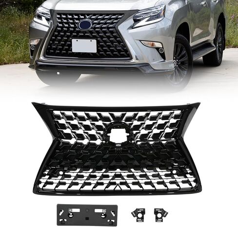 Front Bumper Grille Grill with Black Trim & License Panel Plate Compatible with 2014-2022 GX460 Mesh Bumper Cover Gloss Black ABS Plastic in Kuwait