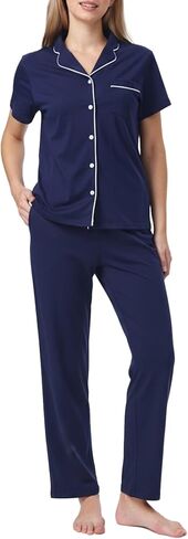 Women's Petite Cotton Pajama Set Short Sleeve Button Up Pjs with Short Inseam Pants & Pockets 2-Piece Lounge Set in Kuwait