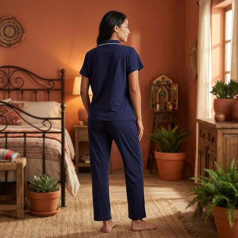 Women's Petite Cotton Pajama Set Short Sleeve Button Up Pjs with Short Inseam Pants & Pockets 2-Piece Lounge Set in Kuwait