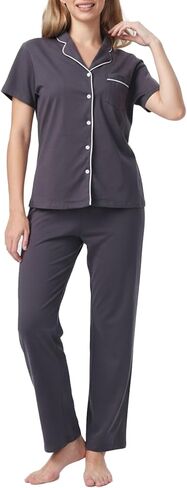 Women's Petite Cotton Pajama Set Short Sleeve Button Up Pjs with Short Inseam Pants & Pockets 2-Piece Lounge Set in Kuwait