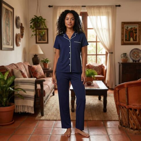 Women's Petite Cotton Pajama Set Short Sleeve Button Up Pjs with Short Inseam Pants & Pockets 2-Piece Lounge Set in Kuwait