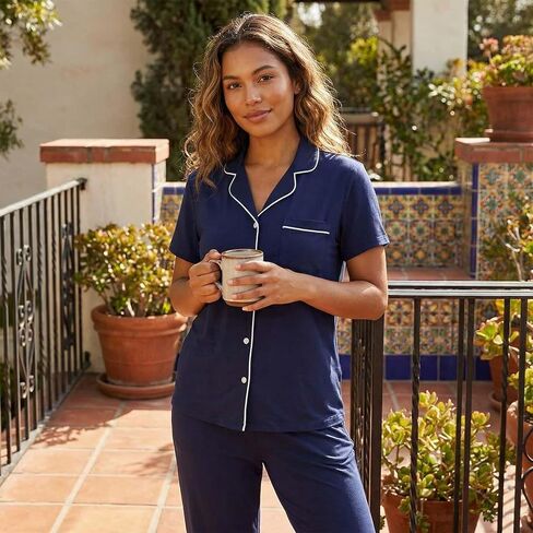 Women's Petite Cotton Pajama Set Short Sleeve Button Up Pjs with Short Inseam Pants & Pockets 2-Piece Lounge Set in Kuwait