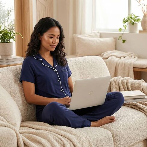 Women's Petite Cotton Pajama Set Short Sleeve Button Up Pjs with Short Inseam Pants & Pockets 2-Piece Lounge Set in Kuwait