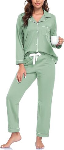 COLORFULLEAF 100% Cotton Pajamas for Women Long Sleeve Button Down Sleepwear Soft Lounge Pjs Sets with Pockets S-XXL in Kuwait