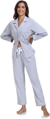 COLORFULLEAF 100% Cotton Pajamas for Women Long Sleeve Button Down Sleepwear Soft Lounge Pjs Sets with Pockets S-XXL in Saudi Arabia