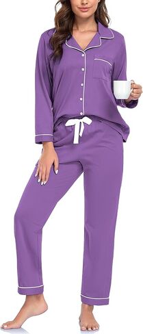 COLORFULLEAF 100% Cotton Pajamas for Women Long Sleeve Button Down Sleepwear Soft Lounge Pjs Sets with Pockets S-XXL in Saudi Arabia