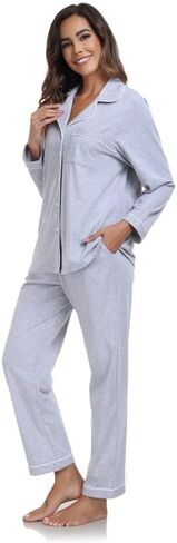 COLORFULLEAF 100% Cotton Pajamas for Women Long Sleeve Button Down Sleepwear Soft Lounge Pjs Sets with Pockets S-XXL in Saudi Arabia