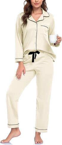 COLORFULLEAF 100% Cotton Pajamas for Women Long Sleeve Button Down Sleepwear Soft Lounge Pjs Sets with Pockets S-XXL in Saudi Arabia
