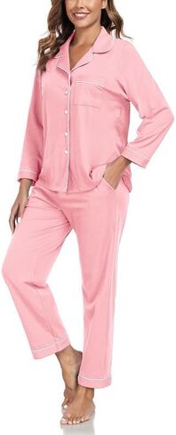 COLORFULLEAF 100% Cotton Pajamas for Women Long Sleeve Button Down Sleepwear Soft Lounge Pjs Sets with Pockets S-XXL in Saudi Arabia