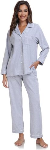 COLORFULLEAF 100% Cotton Pajamas for Women Long Sleeve Button Down Sleepwear Soft Lounge Pjs Sets with Pockets S-XXL in Saudi Arabia