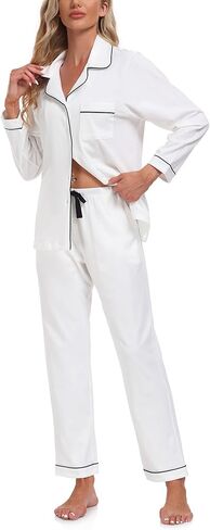 COLORFULLEAF 100% Cotton Pajamas for Women Long Sleeve Button Down Sleepwear Soft Lounge Pjs Sets with Pockets S-XXL in Saudi Arabia