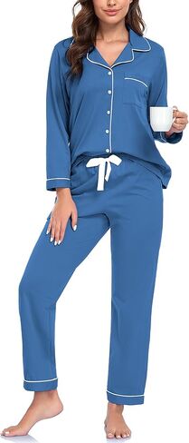 COLORFULLEAF 100% Cotton Pajamas for Women Long Sleeve Button Down Sleepwear Soft Lounge Pjs Sets with Pockets S-XXL in Saudi Arabia
