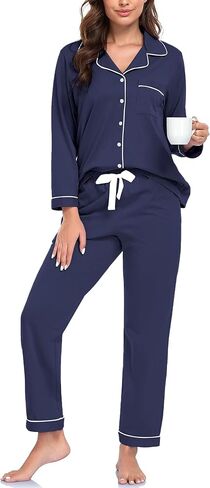 COLORFULLEAF 100% Cotton Pajamas for Women Long Sleeve Button Down Sleepwear Soft Lounge Pjs Sets with Pockets S-XXL in Saudi Arabia