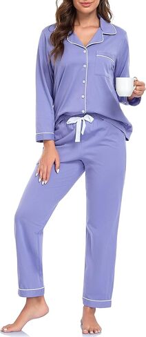 COLORFULLEAF 100% Cotton Pajamas for Women Long Sleeve Button Down Sleepwear Soft Lounge Pjs Sets with Pockets S-XXL in Saudi Arabia