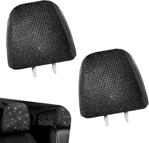 2 PCS Bling Car Headrest Covers, Stylish Rhinestone Head Rest Cover Protector with Snap, Easy to Install Car Interior Decoration Accessories, Universal for Most Cars (Black) in Kuwait