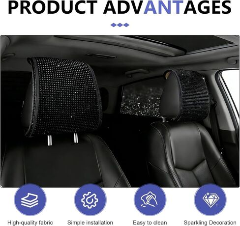 2 PCS Bling Car Headrest Covers, Stylish Rhinestone Head Rest Cover Protector with Snap, Easy to Install Car Interior Decoration Accessories, Universal for Most Cars (Black) in Kuwait
