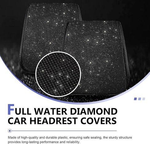 2 PCS Bling Car Headrest Covers, Stylish Rhinestone Head Rest Cover Protector with Snap, Easy to Install Car Interior Decoration Accessories, Universal for Most Cars (Black) in Kuwait