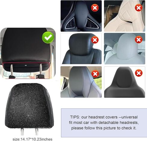 2 PCS Bling Car Headrest Covers, Stylish Rhinestone Head Rest Cover Protector with Snap, Easy to Install Car Interior Decoration Accessories, Universal for Most Cars (Black) in Kuwait