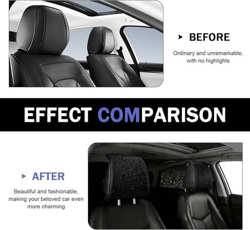 2 PCS Bling Car Headrest Covers, Stylish Rhinestone Head Rest Cover Protector with Snap, Easy to Install Car Interior Decoration Accessories, Universal for Most Cars (Black) in Kuwait