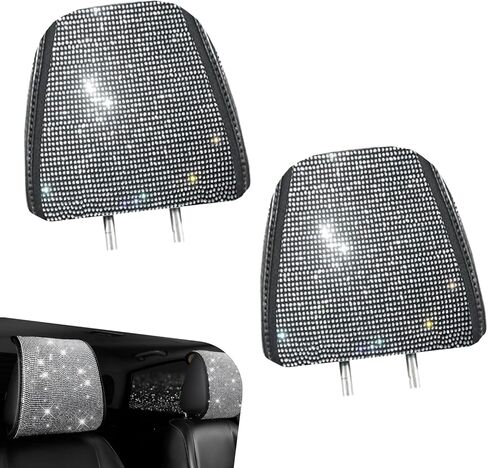 2 PCS Bling Car Headrest Covers, Stylish Rhinestone Head Rest Cover Protector with Snap, Easy to Install Car Interior Decoration Accessories, Universal for Most Cars (Black) in Kuwait