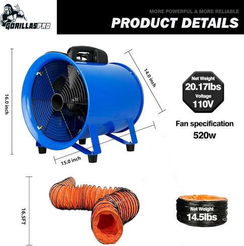 GORILLASPRO مروحة منفاخ محمولة 520 وات/12 بوصة مع قناة تهوية تلسكوبية بطول 33 قدمًا من البولي فينيل كلوريد مروحة عادم تهوية محمولة مروحة أسطوانية شديدة التحمل للمنزل ومكان العمل عادم الدخان والتهوية in Kuwait