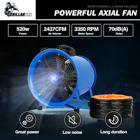 GORILLASPRO مروحة منفاخ محمولة 520 وات/12 بوصة مع قناة تهوية تلسكوبية بطول 33 قدمًا من البولي فينيل كلوريد مروحة عادم تهوية محمولة مروحة أسطوانية شديدة التحمل للمنزل ومكان العمل عادم الدخان والتهوية in Kuwait